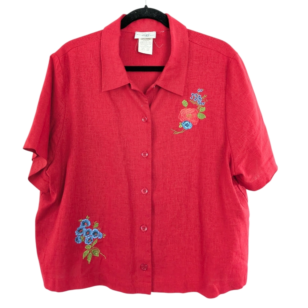 Vtg 90s Top Embroidered Floral Button Up Blouse Cottage Size 18W Linen Blend Red